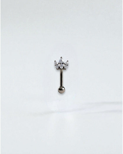Odonata Banana Corona Marquise belly button ring with three marquise-cut white cubic zirconia stones and a titanium post.