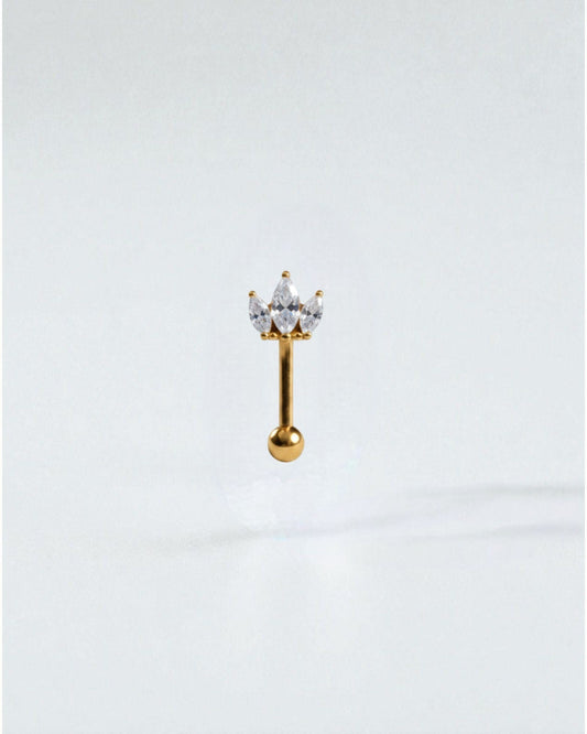 Odonata banana barbell eyebrow ring with a crown design of marquise-cut white cubic zirconia. Made of titanium.