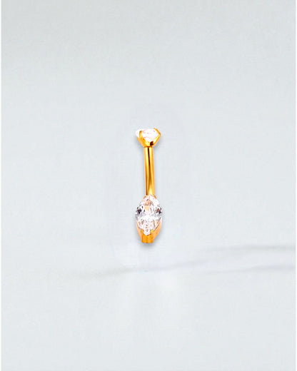 Odonata gold-tone titanium belly button piercing with a round cubic zirconia top and a marquise-cut cubic zirconia drop.