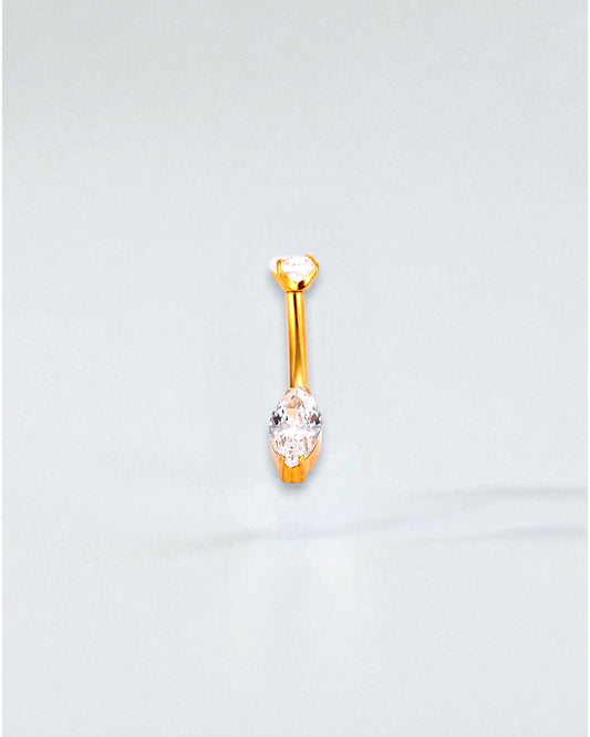 Odonata gold-tone titanium belly button piercing with a round cubic zirconia top and a marquise-cut cubic zirconia drop.