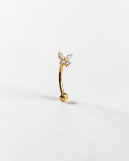 Odonata gold titanium banana barbell with butterfly design and white cubic zirconia stones, 16g.