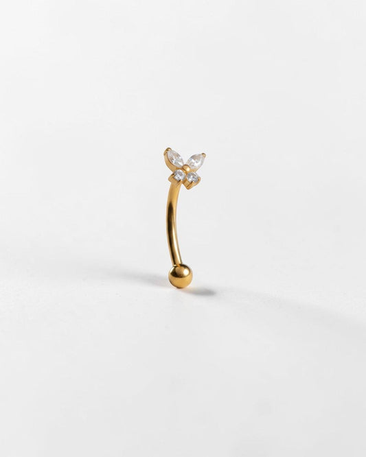 Odonata gold titanium banana barbell with butterfly design and white cubic zirconia stones, 16g.