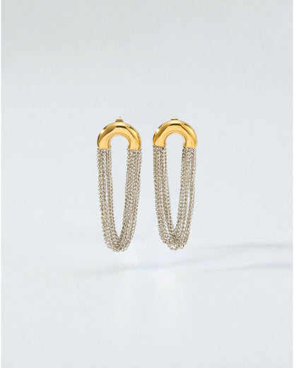 Odonata gold-plated stainless steel earrings with cascading silver chains. Elegant drop design.