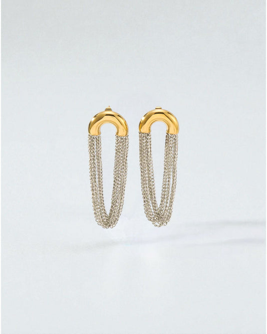 Odonata gold-plated stainless steel earrings with cascading silver chains. Elegant drop design.