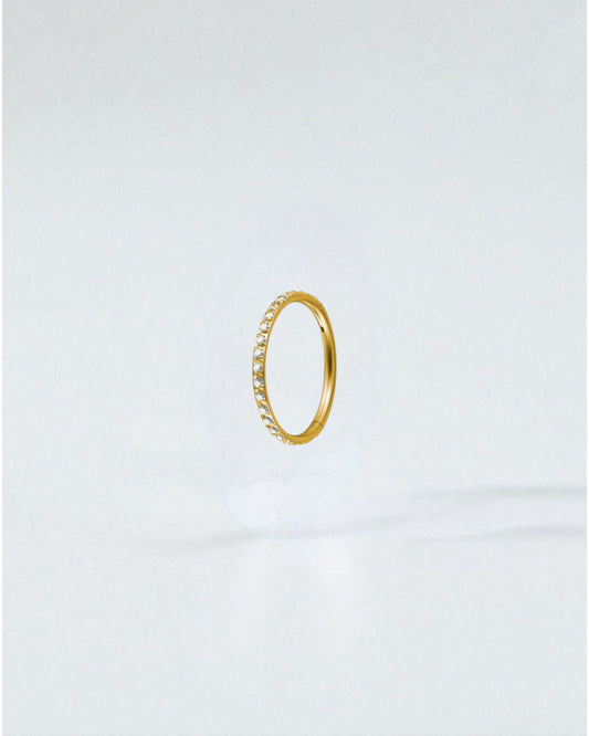 Odonata gold titanium clicker hoop earring with clear cubic zirconia stones, 8mm diameter.