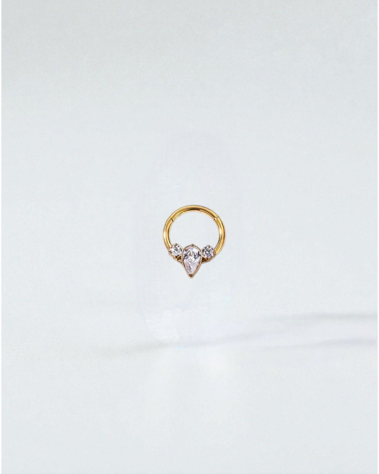 Odonata gold implant grade titanium clicker hoop earrings with clear cubic zirconia gems. Styles 1-7 shown.