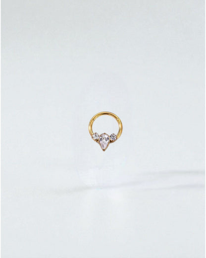 Odonata gold implant grade titanium clicker hoop earrings with clear cubic zirconia gems. Styles 1-7 shown.