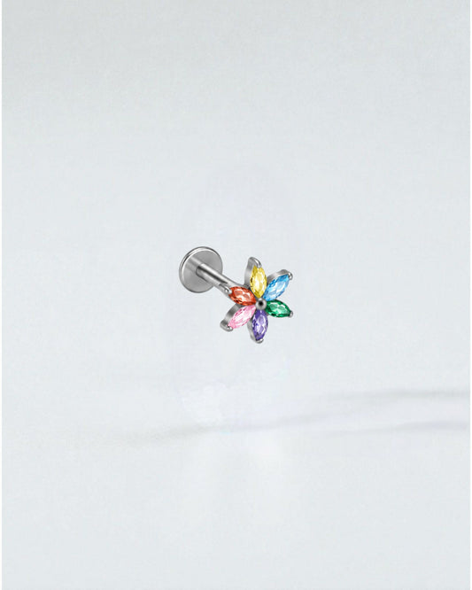 Odonata Stud de titanio plateado con diseño de flor de circonias multicolor y poste flat back.
